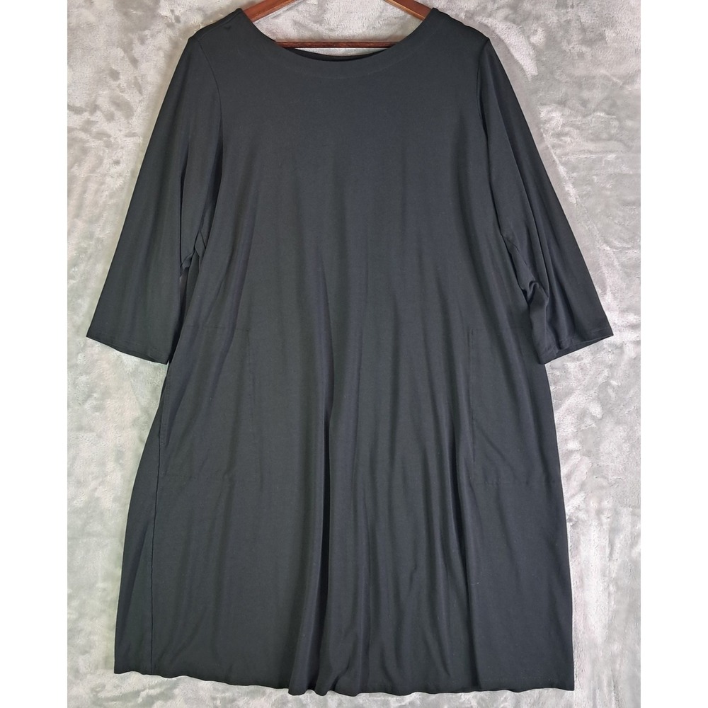 J Jill Womens XL Black Knit A-Line Shift Dress 3/4 Sleeve Pockets Knee Length